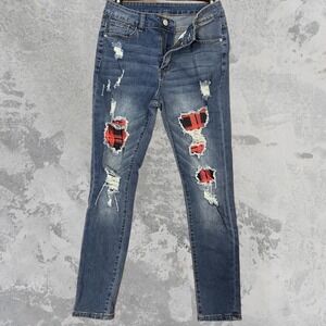 Women's Skinny Jeans Red Plaid Patch Distressed Mid-Rise Dark Blue Denim